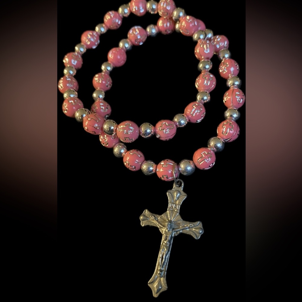 Stretchy Pink Beaded Bracelet Rosary Set